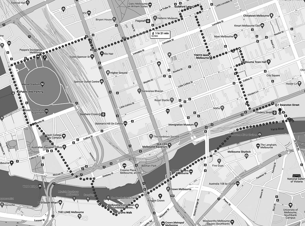 monochrome map of a photo walk in melbourne, 2023